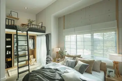 Modern bedroom with loft, large window, and stylish decor