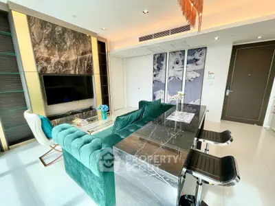 Luxurious modern living room with elegant decor and stylish furniture in a high-end apartment.