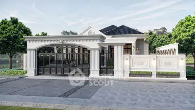 Elegant modern house exterior with gated entrance and lush greenery