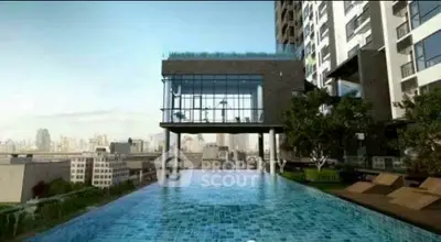 Luxurious rooftop infinity pool with stunning cityscape views in modern high-rise building.