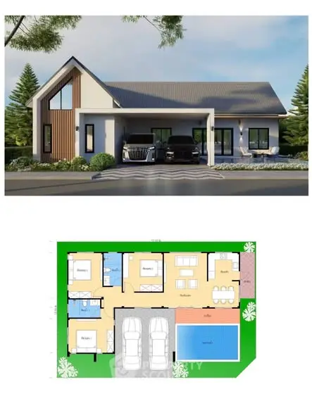 Modern single-story house with floor plan and garage, featuring sleek design and spacious layout.