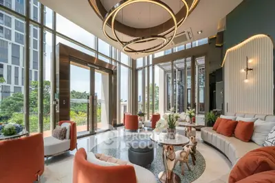 Luxurious modern living room with floor-to-ceiling windows and elegant decor