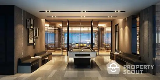 Luxurious modern living room with floor-to-ceiling windows offering a panoramic city view, elegant furniture, and sophisticated interior design.