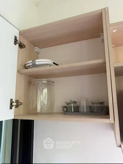 Modern kitchen cabinet with glass jars and appliances, showcasing efficient storage solutions.