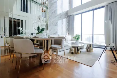 Luxurious modern living room with elegant dining area and stunning city view