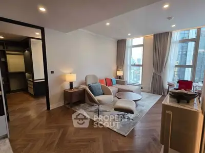 Luxurious modern living room with city view and elegant furnishings