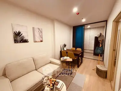 Modern living room with cozy sofa and dining area in stylish apartment