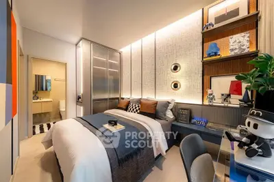Modern bedroom with stylish decor and ensuite bathroom, featuring sleek lighting and contemporary furnishings.