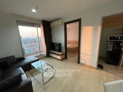 Modern apartment living room with balcony view and cozy bedroom