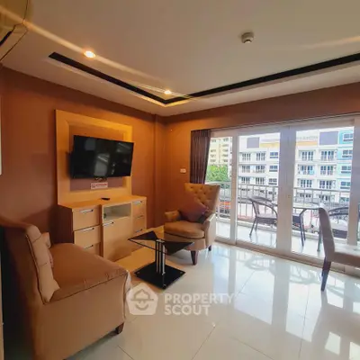 Modern living room with balcony view and stylish furniture in urban apartment