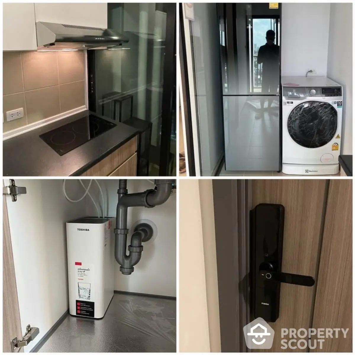 Modern apartment features sleek kitchen, washing machine, water heater, and secure digital lock.