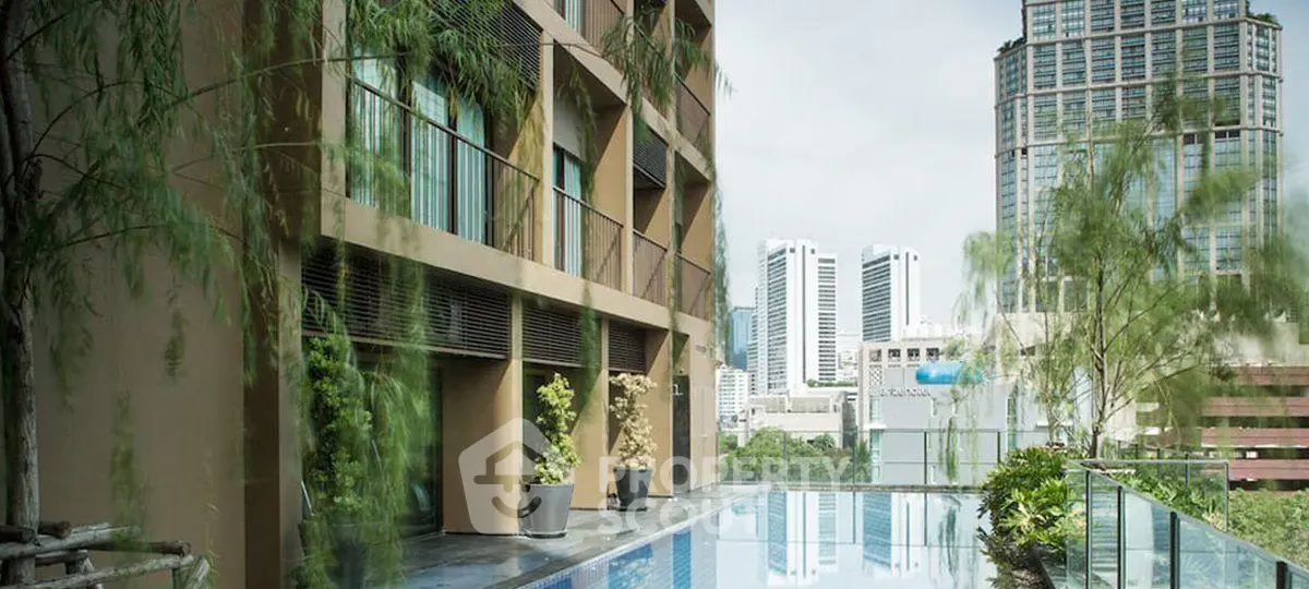 Luxurious urban apartment with stunning rooftop pool and city skyline view.