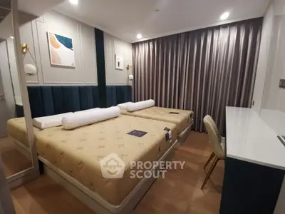 Luxurious bedroom with elegant decor and plush bedding in modern apartment