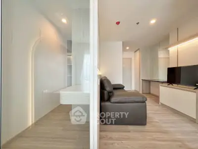 Modern living room with sleek design and cozy seating area