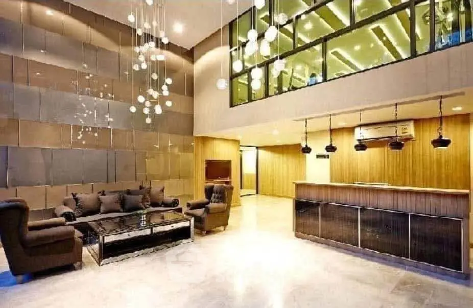 Luxurious modern lobby with elegant lighting and stylish seating area