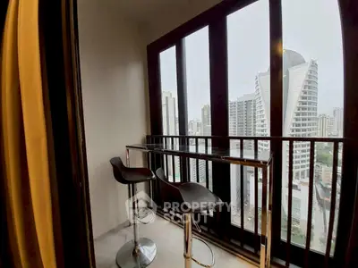 Modern balcony with city view and stylish bar stools