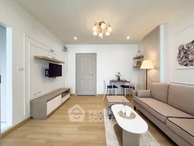 Modern living room with stylish decor and cozy seating area, perfect for relaxation and entertainment.
