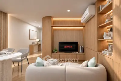 Modern living room with stylish decor and built-in wooden shelves, featuring a cozy seating area and air conditioning.