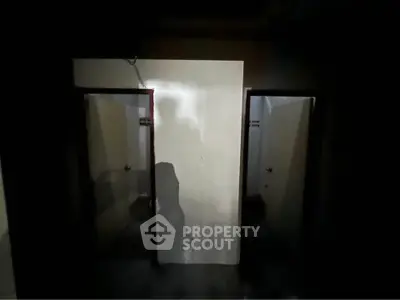 Dimly lit hallway with two doors, ideal for storage or utility space.