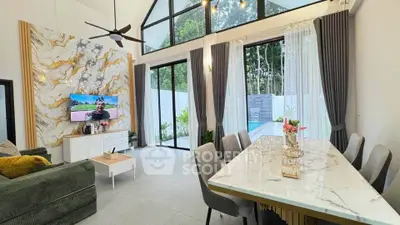 Luxurious living room with marble accents and pool view, perfect for modern living.