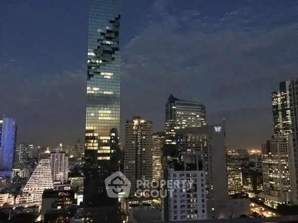Stunning cityscape view with iconic skyscraper at dusk, showcasing urban architectural beauty.