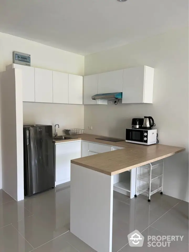 Modern kitchen with sleek white cabinets and compact appliances in a stylish open layout.