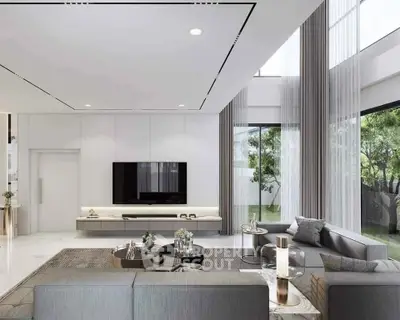 Luxurious modern living room with large windows and elegant decor
