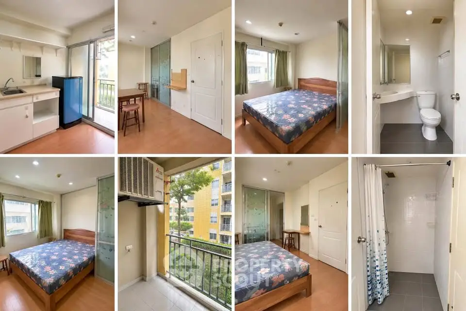 Cozy studio apartment with balcony, kitchenette, and modern bathroom in a vibrant urban setting.
