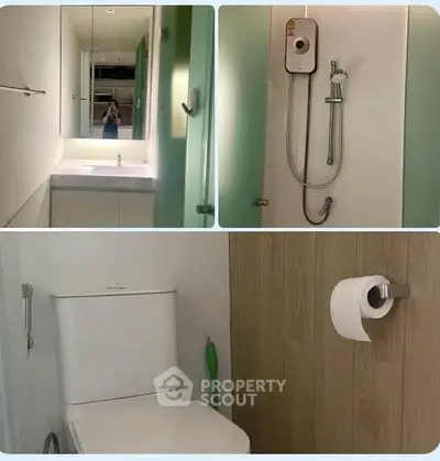 Compact modern bathroom with shower, toilet, and sink in minimalist design.