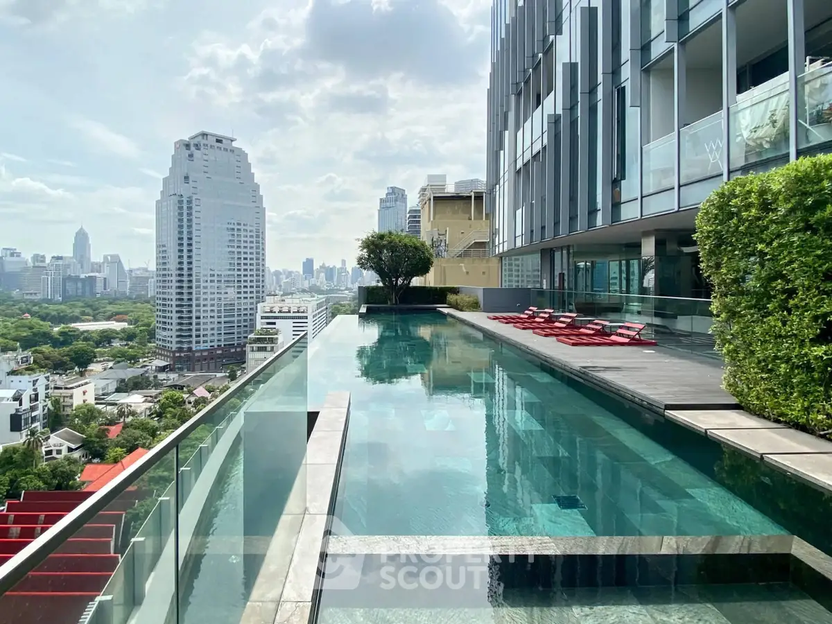 Luxurious rooftop pool with stunning city skyline views in modern high-rise building.