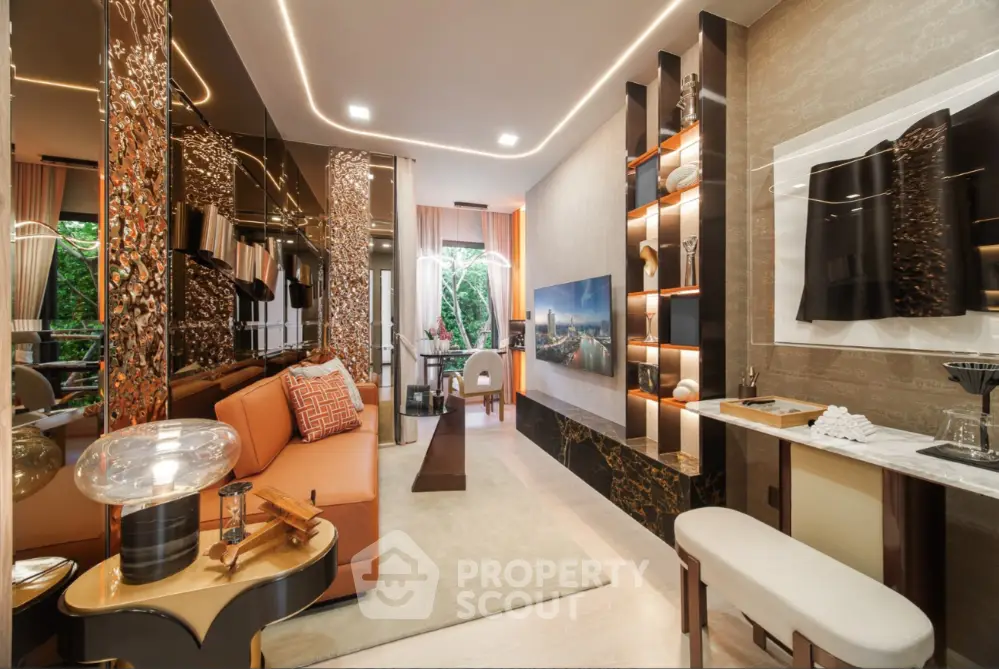 Luxurious modern living room with elegant decor and ambient lighting
