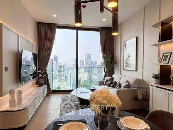 Luxurious living room with stunning city view and modern decor
