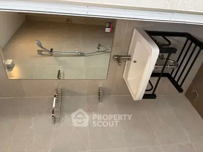 Modern bathroom with sleek fixtures and large mirror