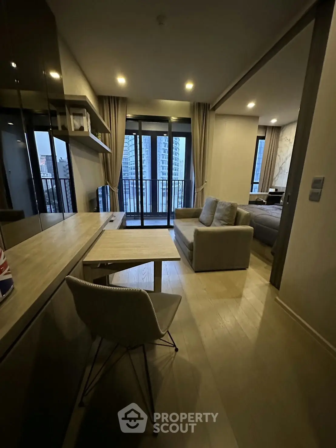 Modern living room with balcony view in a stylish apartment