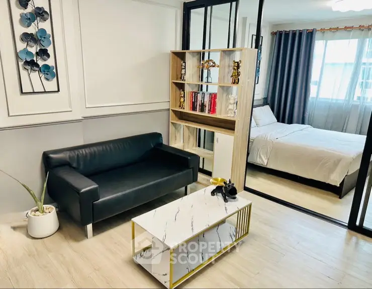 Modern apartment interior with stylish living room and cozy bedroom