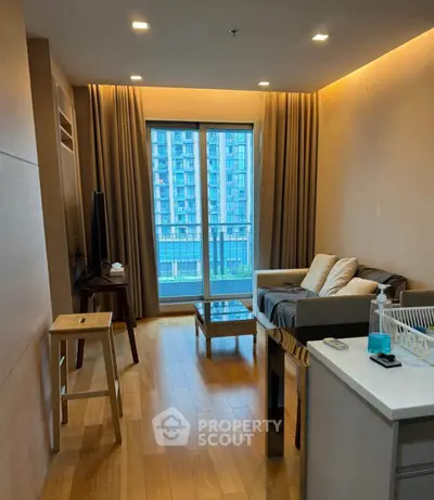 Modern living room with balcony view in urban apartment