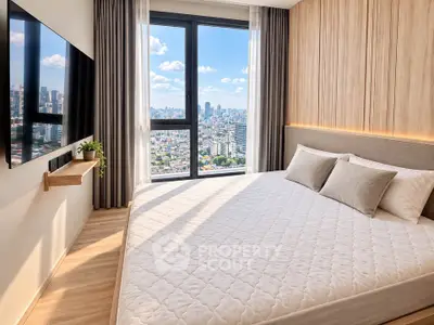 Modern bedroom with stunning city view and elegant decor