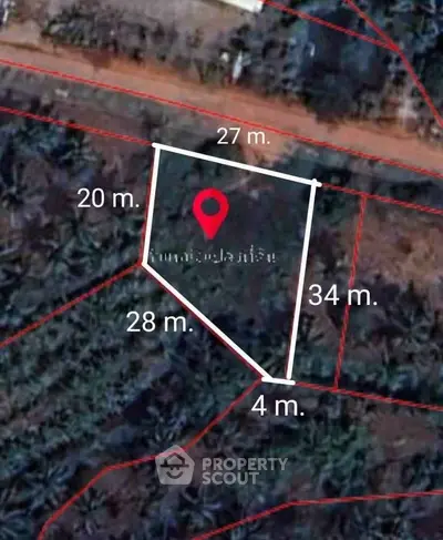 Prime real estate plot with clear boundary measurements in lush green surroundings.