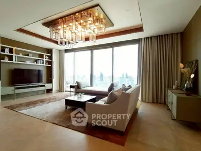 Luxurious living room with stunning city view and elegant chandelier