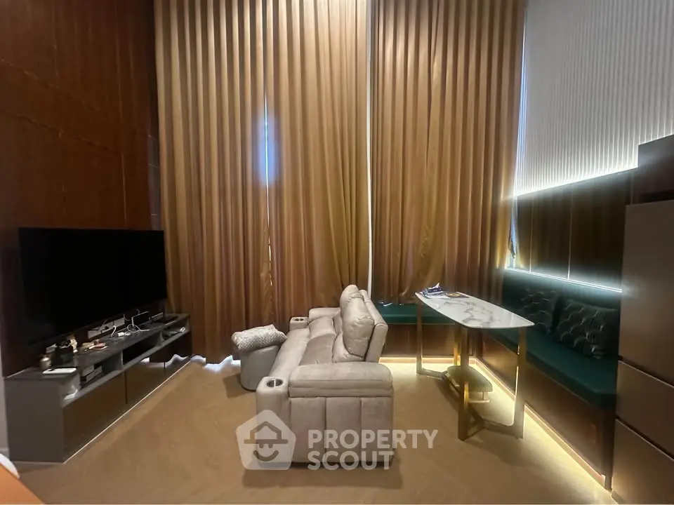 Luxurious living room with high ceilings, elegant curtains, and modern furniture for ultimate comfort.