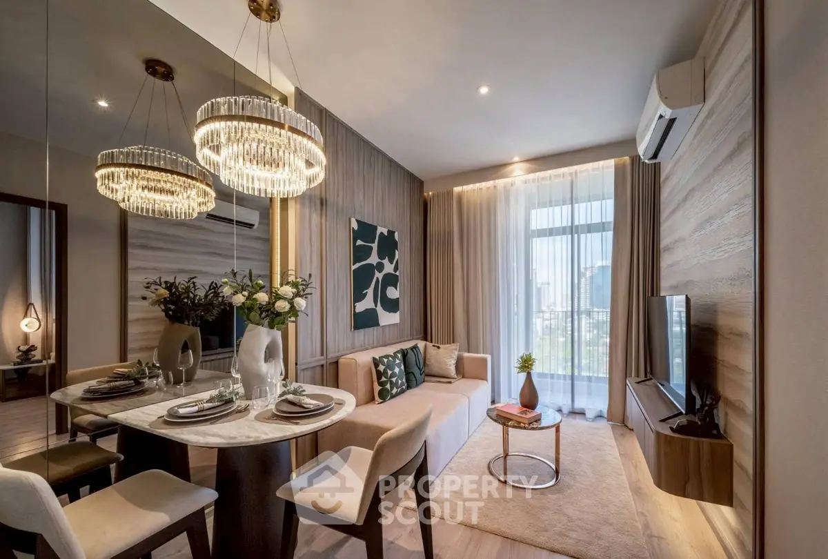 Luxurious modern living room with elegant decor and city view, featuring stylish furniture and ambient lighting.