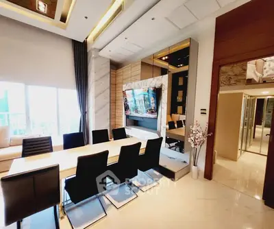 Luxurious modern dining room with elegant decor and large windows for natural light.