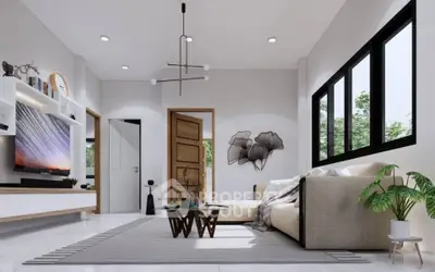Modern living room with stylish decor, large windows, and contemporary furniture.
