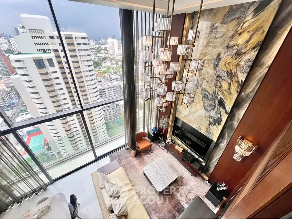 Luxurious high-rise living room with stunning city view and elegant decor
