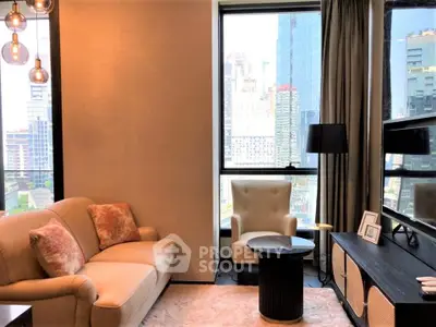 Modern living room with city view, cozy seating, and stylish decor in urban apartment.
