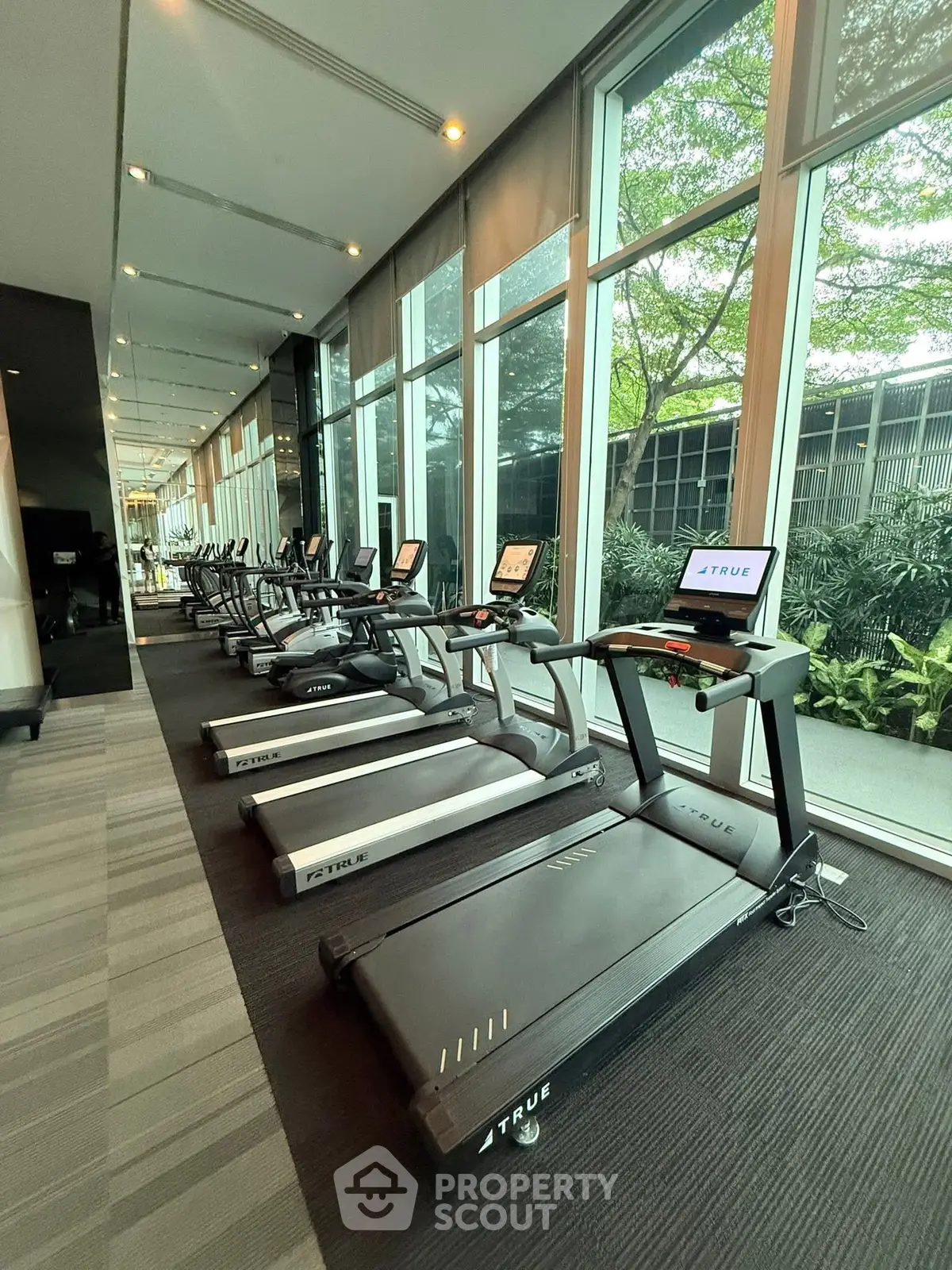 Modern gym with treadmills and large windows overlooking greenery