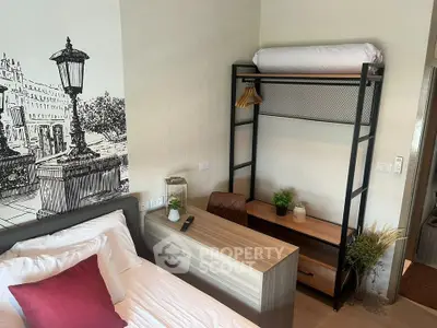Cozy bedroom with stylish decor and functional workspace