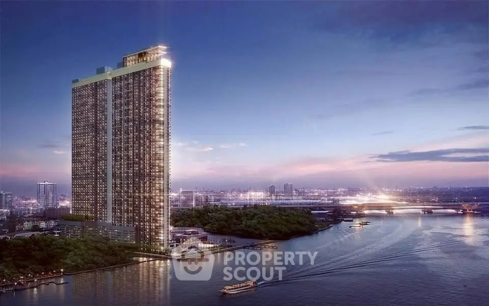 Luxurious high-rise building with stunning river view at dusk, perfect for upscale living.