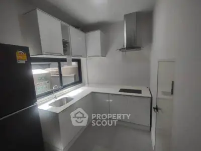 Modern kitchen with sleek white cabinets and built-in appliances in a compact layout.