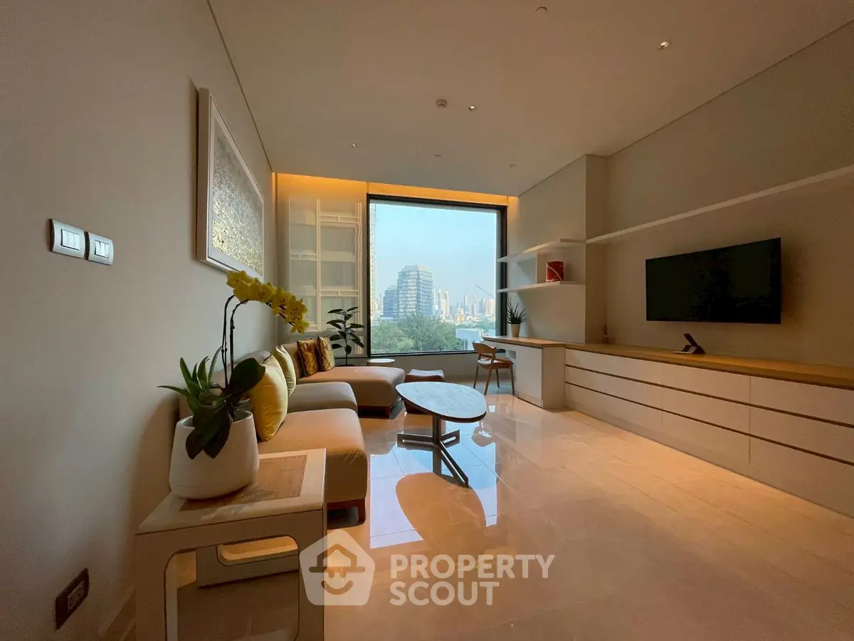 Luxurious modern living room with stunning city view and elegant decor